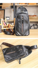 Black Cool Leather Mens Sling Bag Chest Bag Black One Shoulder Backpack For Men - imessengerbags