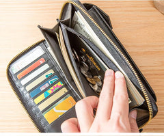 Black Cool Leather Mens Long Wallets Bifold Zipper Gray Long Wallet Card Wallet for Men - imessengerbags