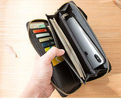 Black Cool Leather Mens Long Wallets Bifold Zipper Gray Long Wallet Card Wallet for Men - imessengerbags