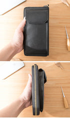 Black Cool Leather Mens Long Wallets Bifold Zipper Gray Long Wallet Card Wallet for Men - imessengerbags