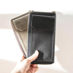 Black Cool Leather Mens Long Wallets Bifold Zipper Gray Long Wallet Card Wallet for Men