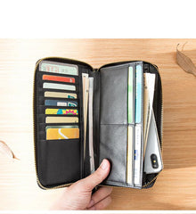 Black Cool Leather Mens Long Wallets Bifold Zipper Gray Long Wallet Card Wallet for Men - imessengerbags