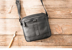 Black Cool Leather Mens Small Shoulder Bags Vertical Messenger Bags Square Phone Bag for Men - imessengerbags