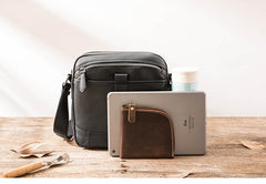 Black Cool Leather Mens Small Shoulder Bags Vertical Messenger Bags Square Phone Bag for Men