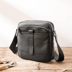 Black Cool Leather Mens Small Shoulder Bags Vertical Messenger Bags Square Phone Bag for Men - imessengerbags