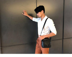 Black Cool Leather Mens Small Shoulder Bags Vertical Messenger Bags Square Phone Bag for Men