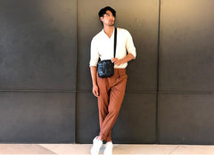 Black Cool Leather Mens Small Shoulder Bags Vertical Messenger Bags Square Phone Bag for Men - imessengerbags