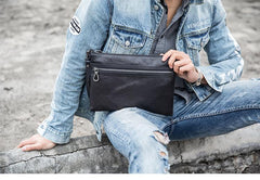 Black Cool Leather Mens Wristlet Bag Clutch Black Slim Messenger Bag Side Bag for Men - imessengerbags