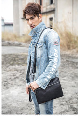 Black Cool Leather Mens Wristlet Bag Clutch Black Slim Messenger Bag Side Bag for Men - imessengerbags