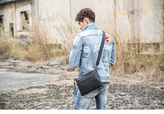 Black Cool Leather Mens Wristlet Bag Clutch Black Slim Messenger Bag Side Bag for Men - imessengerbags