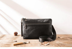 Black Cool Leather Mens Wristlet Bag Clutch Black Slim Messenger Bag Side Bag for Men - imessengerbags
