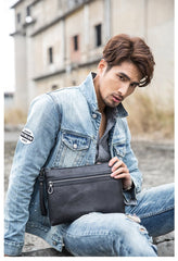 Black Cool Leather Mens Wristlet Bag Clutch Black Slim Messenger Bag Side Bag for Men - imessengerbags