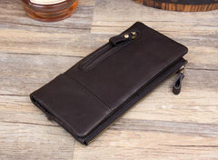 Black Cool Mens Leather long Wallet Brown Leather Zipper Wallet Long Wallets Clutch for Men - imessengerbags