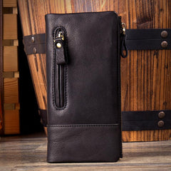Black Cool Mens Leather long Wallet Brown Leather Zipper Wallet Long Wallets Clutch for Men - imessengerbags