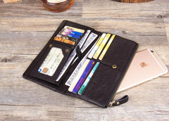 Black Cool Mens Leather long Wallet Brown Leather Zipper Wallet Long Wallets Clutch for Men - imessengerbags