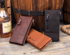 Black Cool Mens Leather long Wallet Brown Leather Zipper Wallet Long Wallets Clutch for Men - imessengerbags