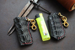 Black Crocodile Leather Mens Disposable Lighter Case Lighter Holder with Belt Clip For Men