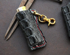 Black Crocodile Leather Mens Disposable Lighter Case Lighter Holder with Belt Clip For Men