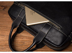 Black Leather Mens 13 inches Vertical Briefcase Laptop Shoulder Bag Coffee Business Work Bag for Men - imessengerbags