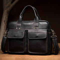 Black Leather Mens 13 inches Vertical Briefcase Laptop Shoulder Bag Coffee Business Work Bag for Men - imessengerbags