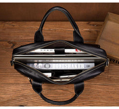 Black Leather Mens 13 inches Vertical Briefcase Laptop Shoulder Bag Coffee Business Work Bag for Men - imessengerbags