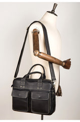 Black Leather Mens 13 inches Vertical Briefcase Laptop Shoulder Bag Coffee Business Work Bag for Men - imessengerbags