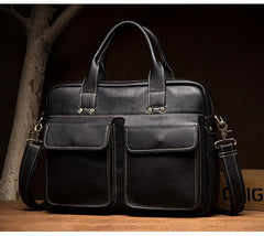 Black Leather Mens 13 inches Vertical Briefcase Laptop Shoulder Bag Coffee Business Work Bag for Men - imessengerbags