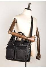 Black Leather Mens 13 inches Vertical Briefcase Laptop Shoulder Bag Coffee Business Work Bag for Men - imessengerbags