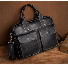 Black Leather Mens 13 inches Vertical Briefcase Laptop Shoulder Bag Coffee Business Work Bag for Men - imessengerbags