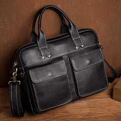 Black Leather Mens 13 inches Vertical Briefcase Laptop Shoulder Bag Coffee Business Work Bag for Men - imessengerbags