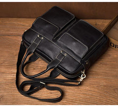 Black Leather Mens 13 inches Vertical Briefcase Laptop Shoulder Bag Coffee Business Work Bag for Men - imessengerbags