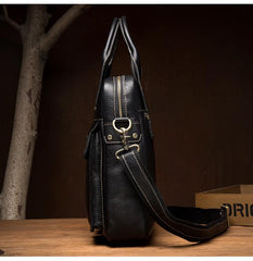 Black Leather Mens 13 inches Vertical Briefcase Laptop Shoulder Bag Coffee Business Work Bag for Men - imessengerbags