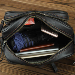 Black Fashion Leather Mens 10 inches Small Courier Bag Black Postman Bags Side Bag Messenger Bag For Men - imessengerbags