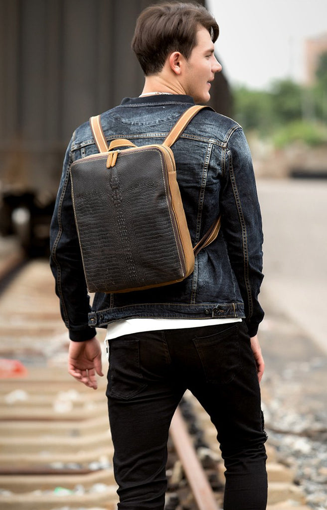 Coffee Cool Mens Leather 13 inch Computer Backpack Brown Satchel Backpacks School Backpacks for men