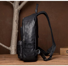 Fashion Black Mens Leather 13-inch Computer Backpack Black Travel Backpack School Backpack for men - imessengerbags