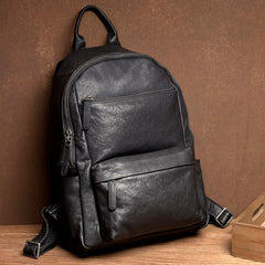 Fashion Black Mens Leather 13-inch Computer Backpack Black Travel Backpack School Backpack for men - imessengerbags