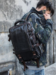 Black Fashion Mens Leather 13-inch Computer Backpacks Travel Backpacks Cool School Backpacks for men