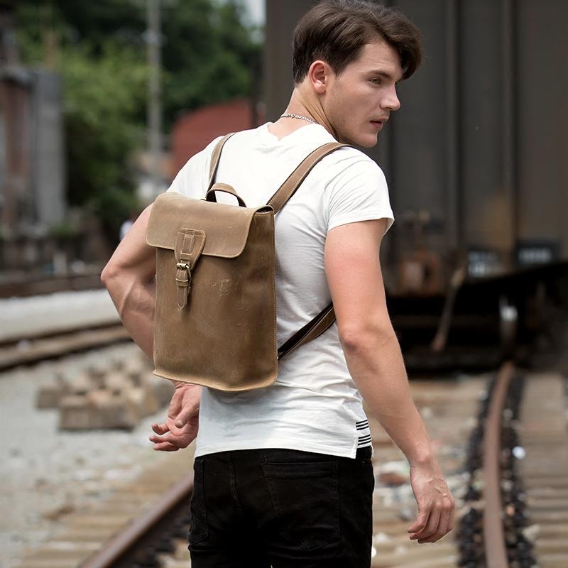 Black Fashion Mens Leather 14 inch Computer Backpack Brown Side Bag Messenger Bag for men