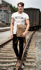 Black Fashion Mens Leather 14-inch Computer Backpack Brown Side Bag Messenger Bag for men