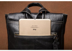 Fashion Mens Black Leather 14-inch Satchel Computer Backpacks Cool Travel Backpacks School Backpack for men - imessengerbags