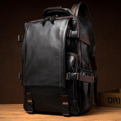 Black Fashion Mens Leather 14-inch Computer Backpacks Cool Travel Backpack School Backpack for men