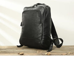 Black Fashion Mens Leather 15-inch Business Computer Backpacks Laptop Backpacks Black College Backpack for men - imessengerbags