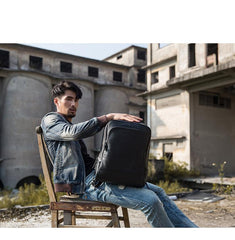 Black Fashion Mens Leather 15-inch Business Computer Backpacks Laptop Backpacks Black College Backpack for men - imessengerbags
