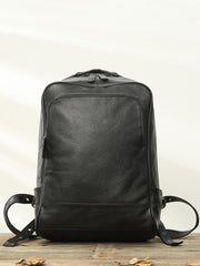 Black Fashion Mens Leather 15-inch Business Computer Backpacks Laptop Backpacks Black College Backpack for men - imessengerbags