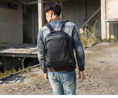Black Fashion Mens Leather 15-inch Business Computer Backpacks Laptop Backpacks Black College Backpack for men - imessengerbags