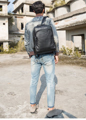 Black Fashion Mens Leather 15-inch Business Computer Backpacks Laptop Backpacks Black College Backpack for men - imessengerbags