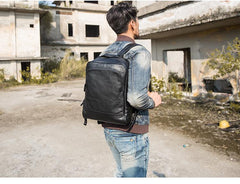 Black Fashion Mens Leather 15-inch Business Computer Backpacks Laptop Backpacks Black College Backpack for men - imessengerbags