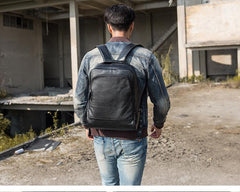 Black Fashion Mens Leather 15-inch Business Computer Backpacks Laptop Backpacks Black College Backpack for men - imessengerbags
