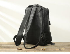 Black Fashion Mens Leather 15-inch Business Computer Backpacks Laptop Backpacks Black College Backpack for men - imessengerbags