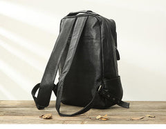Black Fashion Mens Leather 15-inch Business Computer Backpacks Laptop Backpacks Black College Backpack for men